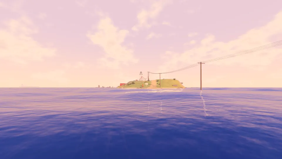A lighthouse island at high water in the evening, seen from the flooded causeway. Telephone poles walk out into a pink and violet sea.