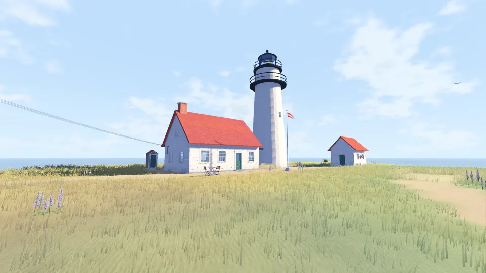 The light station on a fair morning: a white keeper's house with a red roof, the lighthouse behind it, a small shed and long summer grass.