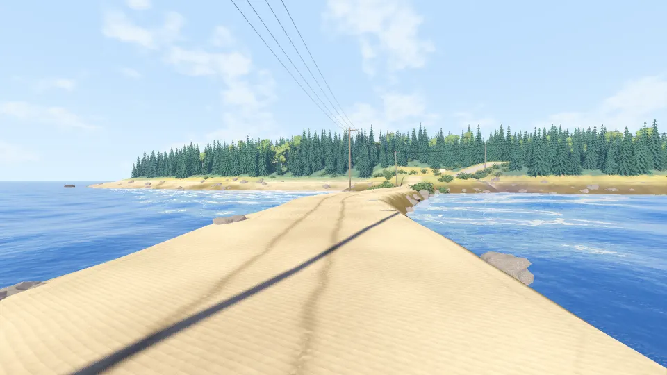 Walking the causeway at low water on a fair morning: a sandbar with wheel ruts between two stretches of blue sea, telephone poles leading to a wooded shore.