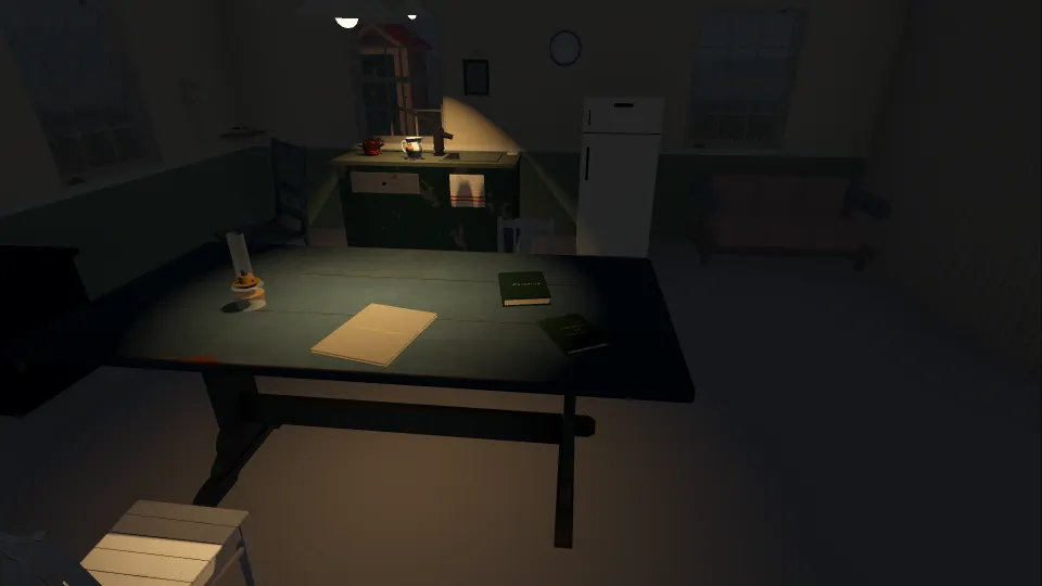 The keeper's kitchen at night by lamplight: the caretakers' handbook, a newspaper and a book on the table, the pump over the sink, a storm at the windows.