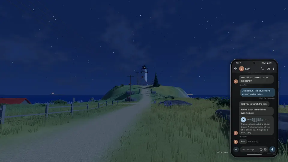 The path up to the lighthouse at night, with the phone held up showing texts and a voice message from Sam.